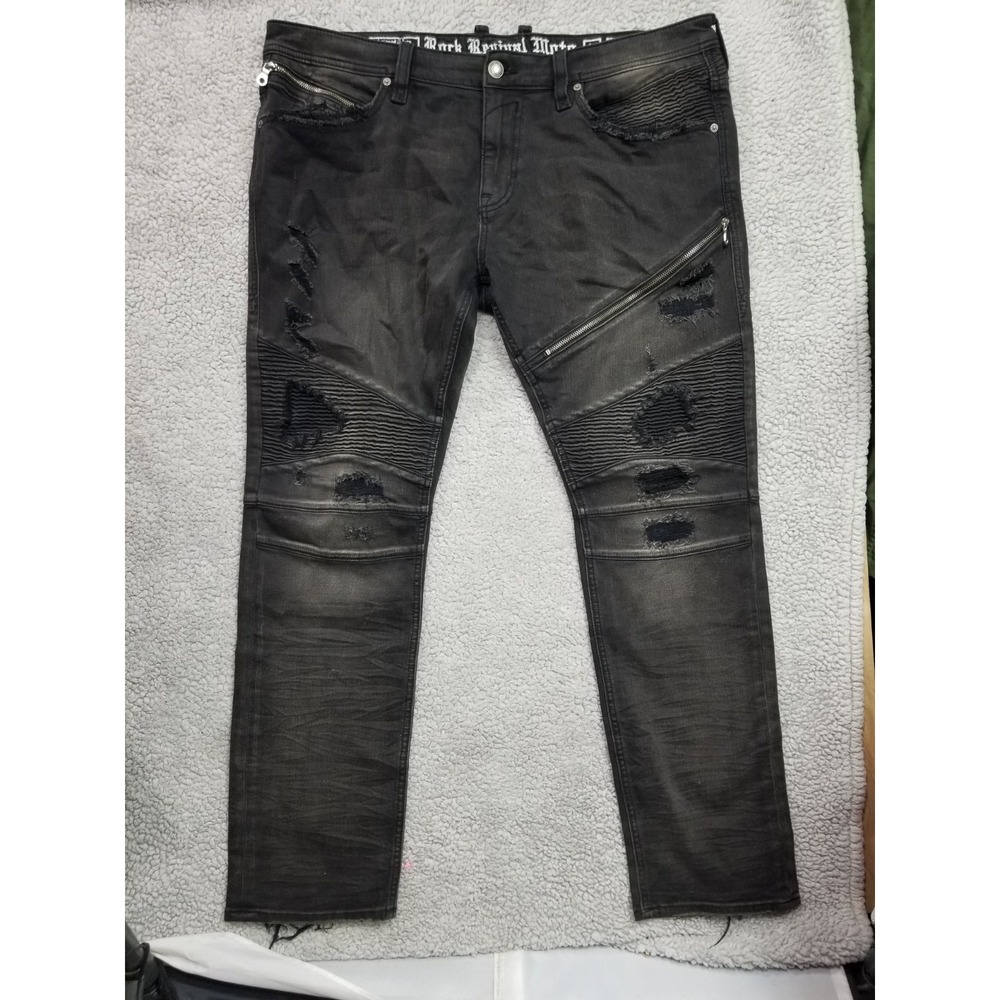 Rock Revival Moto Jezek Distressed Gold Black Denim Jeans Men's 40 x 31
